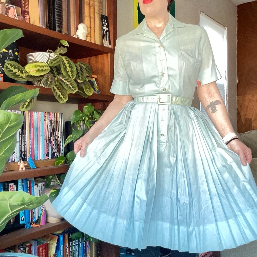 Vintage Light Blue Pleated Belted Dress by Westbury Fashions